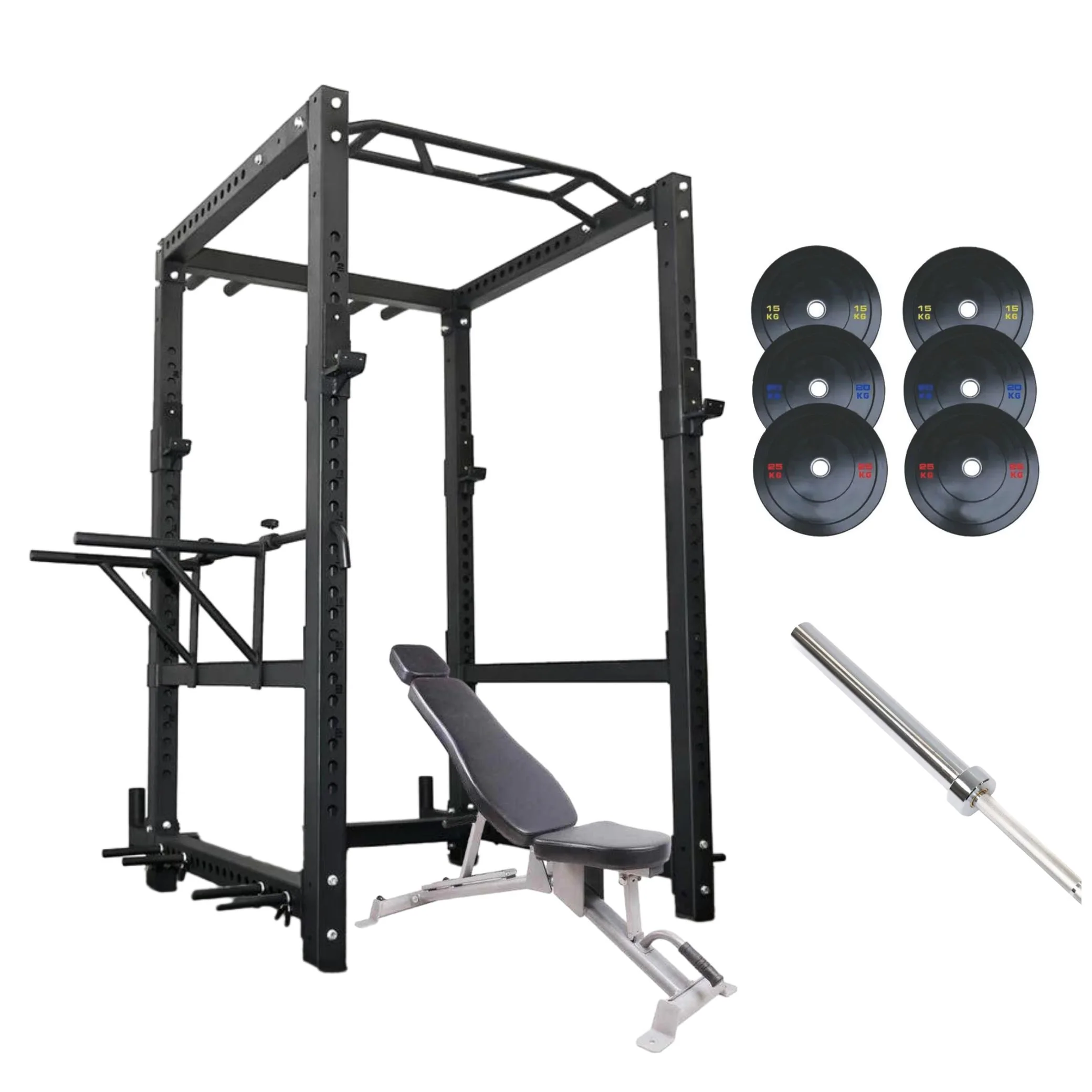 Complete Home Gym Package — Power Rack, Barbell, Bumper Plates & FID Bench